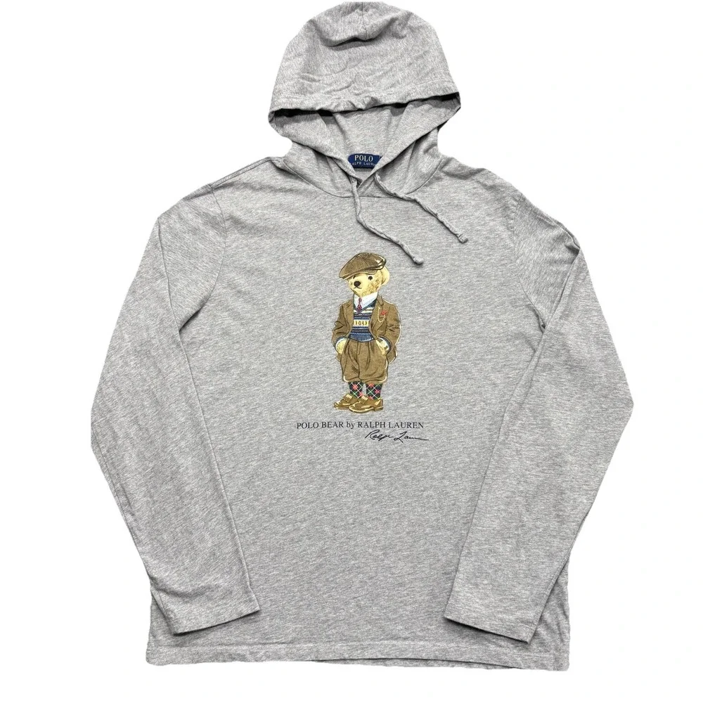 Polo Ralph Lauren Polo Dapper Bear Hoodie T Shirt Grey Pullover Mens Size Medium